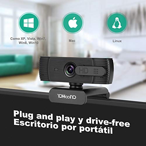 YOHOOLYO Webcam 1080P Full HD con Micrófono Estéreo Enfoque Automático Cámara Web USB con Cubierta de Privacidad Compatible con Windows, Mac Android