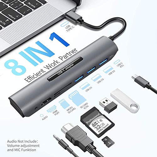 YOREPEK Hub USB C, 8 en 1 Adaptador Tipo C a HDMI 4K, 1 USB 3.0, 2 USB 2.0, Carga PD 60W, Lector Tarjeta SD/TF, Compatible con Matebook D 15/14, Chromebook, GemiBook, iPad Air 2020, Samsung Galaxy Tab