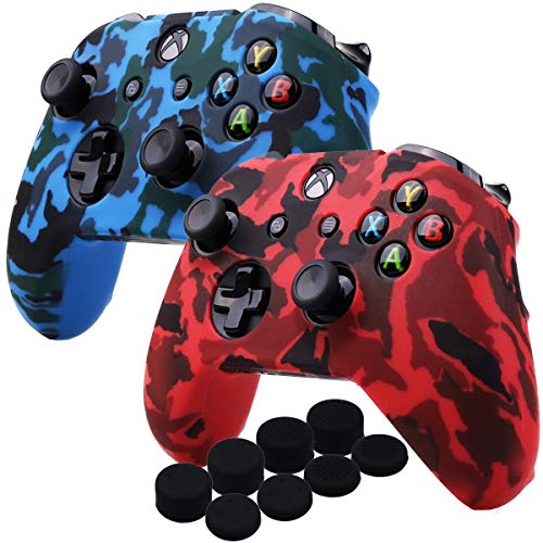 YoRHa Agua Transferir Impresión Camuflaje Silicona Cubrir la Piel Caso para Xbox One X/One S Controlador [Después del Modelo 8.2016] x 1 (Rojo & Azul) con empuñaduras Pro x 8