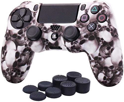 YoRHa Water Transfer Printing Skull Funda de Silicona para Sony PS4 / Slim/Pro Controlador x 1 (Blanco) con agarres Pro x 8
