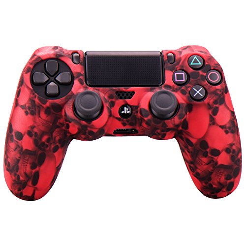 YoRHa Water Transfer Printing Skull Funda de Silicona para Sony PS4 / Slim/Pro Controlador x 1 (Rojo) con agarres Pro x 8