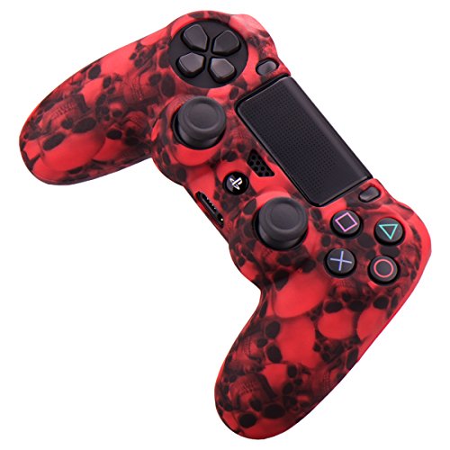 YoRHa Water Transfer Printing Skull Funda de Silicona para Sony PS4 / Slim/Pro Controlador x 1 (Rojo) con agarres Pro x 8