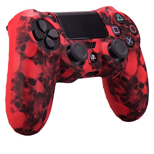 YoRHa Water Transfer Printing Skull Funda de Silicona para Sony PS4 / Slim/Pro Controlador x 1 (Rojo) con agarres Pro x 8