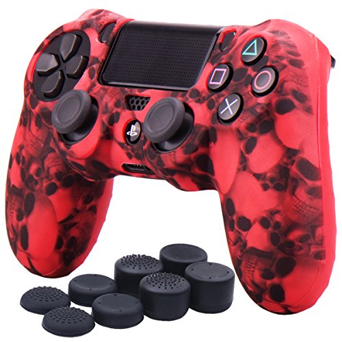 YoRHa Water Transfer Printing Skull Funda de Silicona para Sony PS4 / Slim/Pro Controlador x 1 (Rojo) con agarres Pro x 8