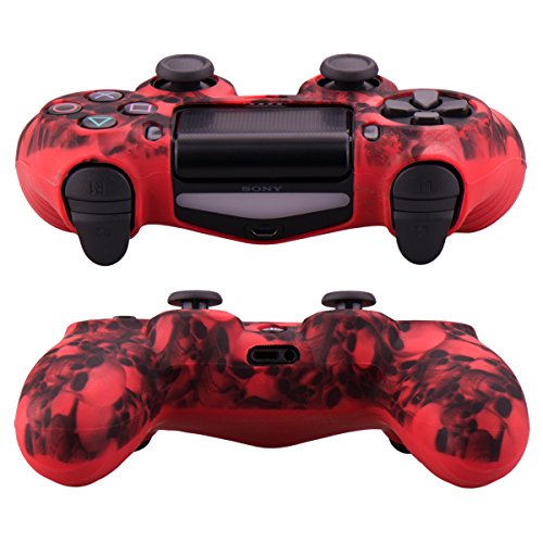 YoRHa Water Transfer Printing Skull Funda de Silicona para Sony PS4 / Slim/Pro Controlador x 1 (Rojo) con agarres Pro x 8