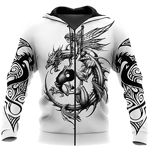 YOROOW Viking Nidhogg Tattoo Hombre Capucha Impresión 3D Mitología Nórdica Dragón Manga Larga Sudadera Casual Pullover Gran Tamaño Harajuku Streetwear Chaqueta,Hoodie Zip,5XL