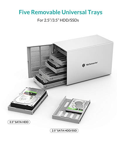 Yottamaster 5 Bahías Tipo C Carcasa para Disco Duro de 3.5"/2.5", Aluminio Externo Caja Disco Duro con Ventilador de 80mm