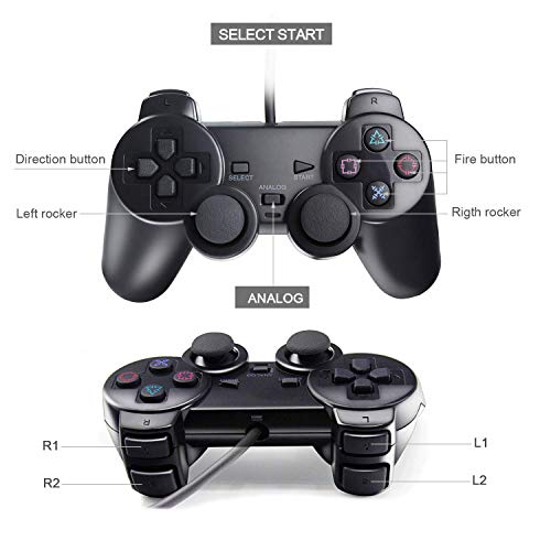 YUSH Mando PS2 con Cable, Gamepad con Doble Vibración para Playstation 2