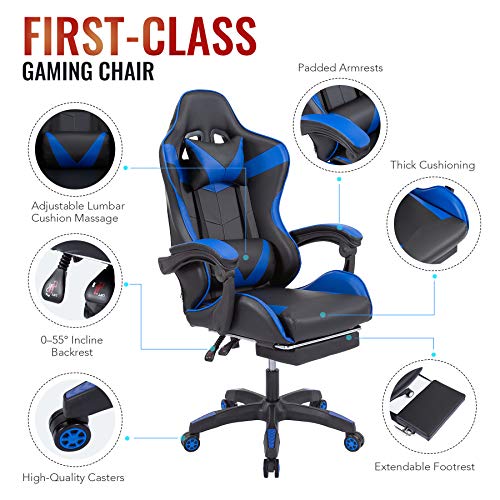 Z ZELUS Silla Gaming Ergonómico de Masaje Silla de Juegos con Respaldo Alto Asiento Giratorio de Ordenador para Oficina o Casa (Azul)