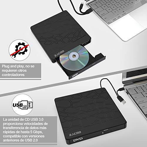 Zacro Grabadora DVD/CD, Lector Unidades Externa USB 3.0 y Type-C y Reproductor de CD-RW/VCD-RW, con 5 Puertos (2 USB-A, Micro USB, SD,TF), para Mac/Laptop/Win 7/8/10/XP/Linux/Vista