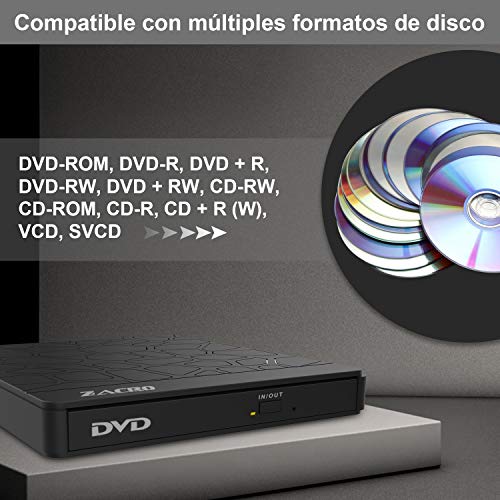 Zacro Grabadora DVD/CD, Lector Unidades Externa USB 3.0 y Type-C y Reproductor de CD-RW/VCD-RW, con 5 Puertos (2 USB-A, Micro USB, SD,TF), para Mac/Laptop/Win 7/8/10/XP/Linux/Vista