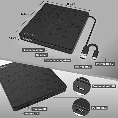Zacro Grabadora DVD/CD, Lector Unidades Externa USB 3.0 y Type-C y Reproductor de CD-RW/VCD-RW, con 5 Puertos (2 USB-A, Micro USB, SD,TF), para Mac/Laptop/Win 7/8/10/XP/Linux/Vista
