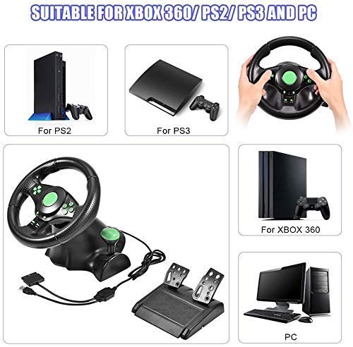 ZBBN Controlador de Volante de Carreras para Juegos Pedales de Volante con rotación de dirección de 180 Grados para 360/PS2/PS3/PC