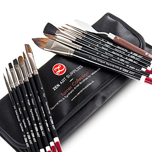 ZenART Pinceles para Acuarela – 14 pinceles, Pelo de Ardilla y Sintético, Mango de Madera y Espátula de Paleta – Planos, Redondos, Filbert, Abanico, Rigger, Lengua de Gato, Detalles – Estuche de Viaje