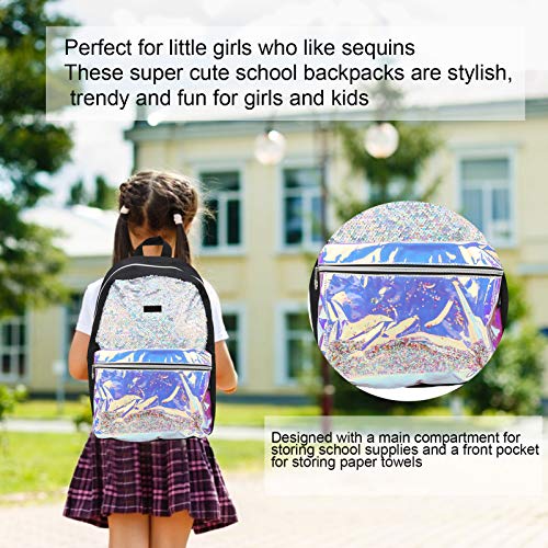 Zerodis Mochila de Lentejuelas para niñas, Mochila Escolar Fluorescente con Brillo Exquisito para niños Mochila de Sirena Primaria para jardín de Infantes(44 * 34 * 5cm-Negro)