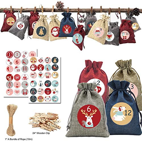 ZesNice Calendario de Adviento para rellenar [24 unidades] Calendario de Navidad 2021 saquitos de yute de 15 x 10 cm, bolsas de decoración navideña para hombres, mujeres y niños