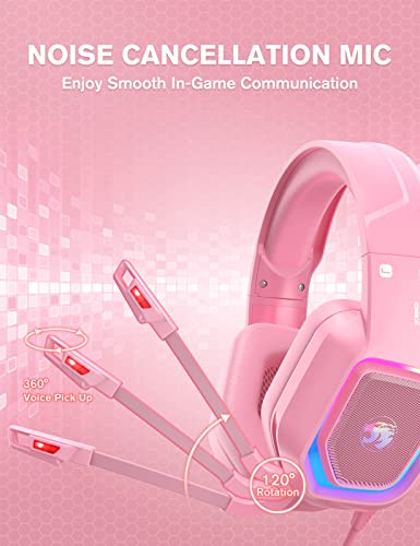 ZIUMIER Auriculares para Juegos con Micrófono, Cascos Gaming con Conector de 3,5 mm, Cancelación de Ruido, Graves Estéreo, para PS4, PS5, Xbox One, PC, Mac, Smartphone (Rosa)