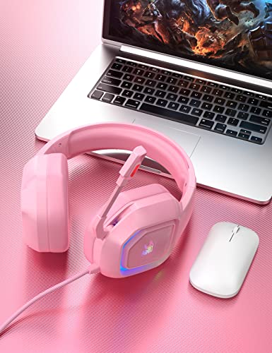 ZIUMIER Auriculares para Juegos con Micrófono, Cascos Gaming con Conector de 3,5 mm, Cancelación de Ruido, Graves Estéreo, para PS4, PS5, Xbox One, PC, Mac, Smartphone (Rosa)