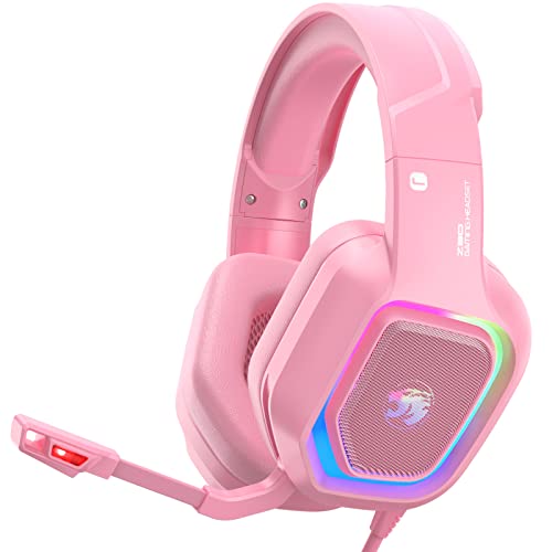 ZIUMIER Auriculares para Juegos con Micrófono, Cascos Gaming con Conector de 3,5 mm, Cancelación de Ruido, Graves Estéreo, para PS4, PS5, Xbox One, PC, Mac, Smartphone (Rosa)