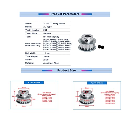 1 pieza polea de sincronización de engranajes tipo XL de 20 dientes, ancho de correa de 11mm, polea síncrona de transmisión XL-20T, Diámetro 14mm chavetero 5x2.3, Ancho 11mm