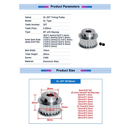 1 pieza polea de sincronización de engranajes tipo XL de 20 dientes, ancho de correa de 16mm, polea síncrona de transmisión XL-20T, Diámetro 13mm chavetero 5x2.3, Ancho 16mm