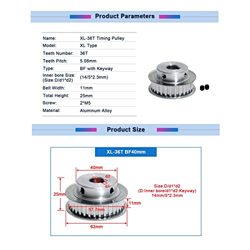 1 pieza polea de sincronización de engranajes tipo XL de 36 dientes, ancho de correa de 11mm, polea síncrona de transmisión XL-36T, Diámetro 14mm chavetero 5x2.3, Ancho 11mm