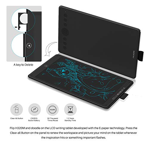 2019 NUEVO HUION Inspiroy Ink H320M, Tableta Gráfica de Diseño de Doble Propósito y Tableta de Escritura LCD, Compatible con Función de Inclinación, Compatible con Windows macOS Android (Quartz Black)