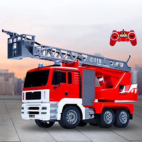 2.4G Large Remote Control Car Fire Truck 10 Channel Water Pump Rechargeable Extendable Ladder Fire Engin with Working Sounds Lights Trucks Toy for Kids Boys Age 4+ (Size : 3 Battery) (3 Battery)