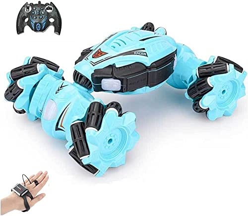 2.4GHz Remote Control Gesture Sensor Car 360° Flips RC Stunt Car with Light 4WD Double Sided Deformed Offroad Vehicle Bigfoot Monster RC Truck Toy Cars for Kids Gifts (Light Blue 3 Batteries)