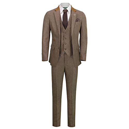3 Piezas Traje de Espiga Tweed los Hombres de Brown en Estilo Retro Equipada [SUIT-X6068-4-TAN-52EU]