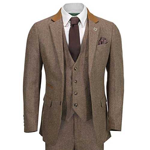 3 Piezas Traje de Espiga Tweed los Hombres de Brown en Estilo Retro Equipada [SUIT-X6068-4-TAN-52EU]