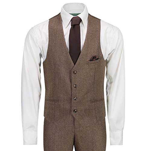 3 Piezas Traje de Espiga Tweed los Hombres de Brown en Estilo Retro Equipada [SUIT-X6068-4-TAN-52EU]