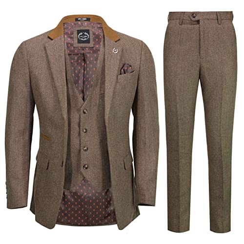3 Piezas Traje de Espiga Tweed los Hombres de Brown en Estilo Retro Equipada [SUIT-X6068-4-TAN-52EU]