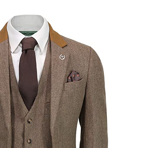 3 Piezas Traje de Espiga Tweed los Hombres de Brown en Estilo Retro Equipada [SUIT-X6068-4-TAN-52EU]
