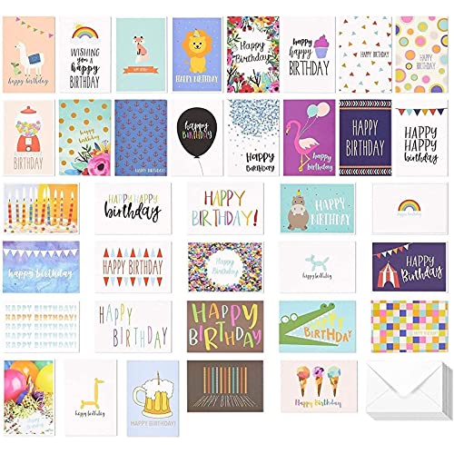 36 unidades, feliz cumpleaños tarjetas de felicitación – 36 diseños únicos, feliz cumpleaños, tarjetas de felicitación Bulk caja de variedad, con sobres incluidos – 4 x 6 pulgadas