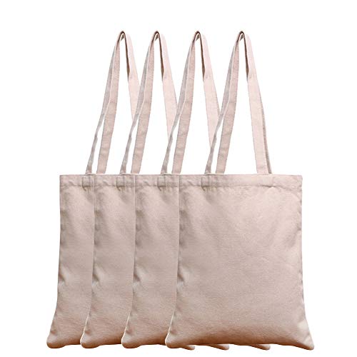 4 Piezas Bolsas de la compra Reutilizables, Bolsas de lona 100% algodón con cremallera, Regalo Tote Bag, Bolsa de Playa, Bolsa de Hombro, Bolsa de Libros