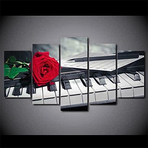 5 Piezas Material Tejido No Tejido ImpresióN ArtíStica Imagen GráFica Decoracion De Pared 5 Piezas Impresiones En Lienzo Piano Keys Rose Music Instrument Cuadros Decoracion Salon Grandes 100*55