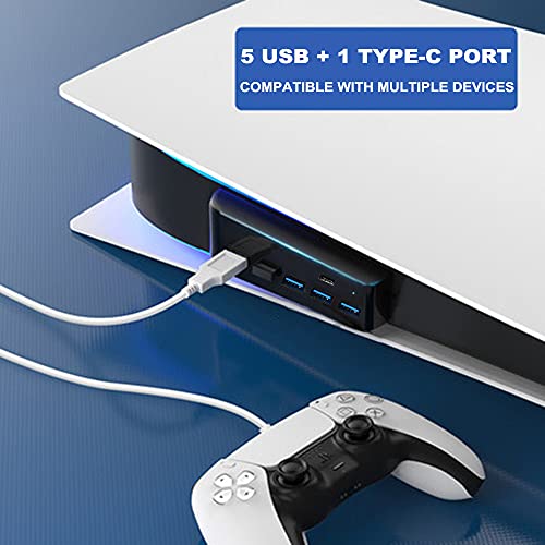 5 Port USB Hub for PS5, Megadream High-Speed Expansion Hub Charger Splitter Adapter with 4 USB + 1 USB Charging Port + 1 Type C Port, Compatible with Playstation 5 Dualsence Game Console