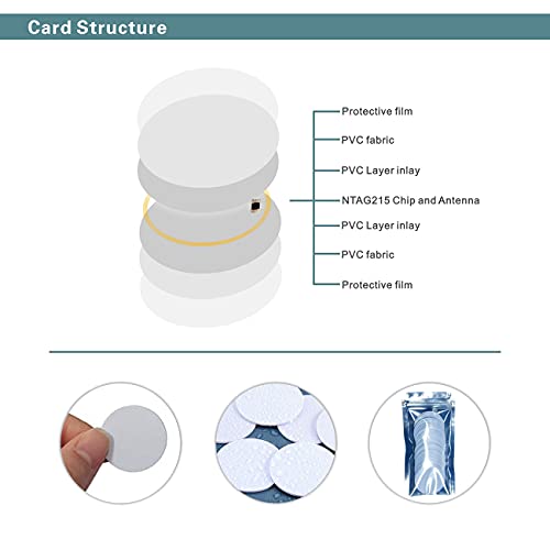 50x Tarjetas 215 NFC Card Tag blanco NFC Tag ios tarjeta NFC Monedas，504 bytes de memoria，Compatible con Todos los Teléfonos Inteligentes y Dispositivos Habilitados para NFC（25mm）