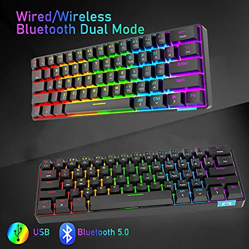 60% Teclado mecánico Cableado / inalámbrico Teclado Bluetooth 5.0 61 teclas RGB Rainbow LED retroiluminado USB tipo C Teclado para juegos a prueba de agua Teclas anti-fantasma (interruptor marrón)