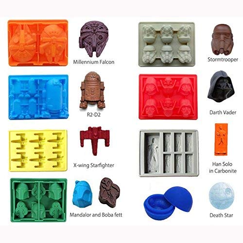 8 bandejas de hielo de silicona de Star Wars: Stormtrooper, Darth Vader, X-Wing Fighter, Millennium Falcon, Boba Fett y Estrella de la Muerte Ideal para gelatina, jabón para hornear