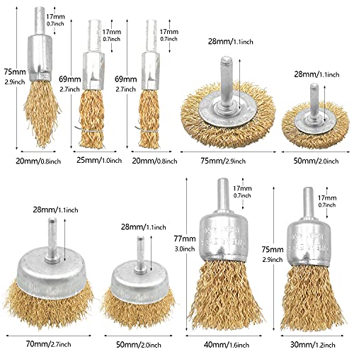 9 Pcs Cepillo de Alambre Revestido de Latón Juego de Cepillos, Cepillo de Lijado, Cepillo Metálico para Taladro Cepillo Taladro, Cepillo para Eliminación de óxido/Corrosión/Pintura para Madera y Metal