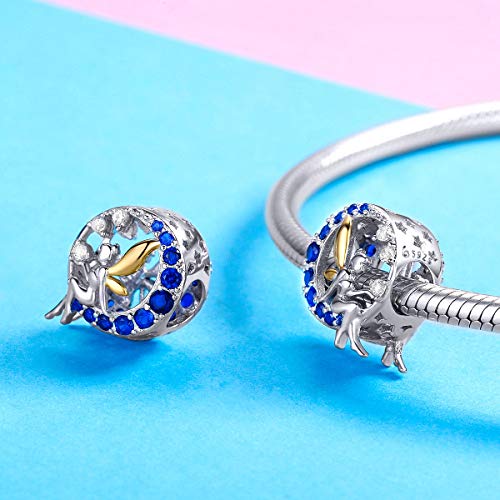 Abalorio de plata de ley 925 con diseño de luna azul y un hada lunar, circonitas cúbicas, compatible con las pulseras europeas de Pandora