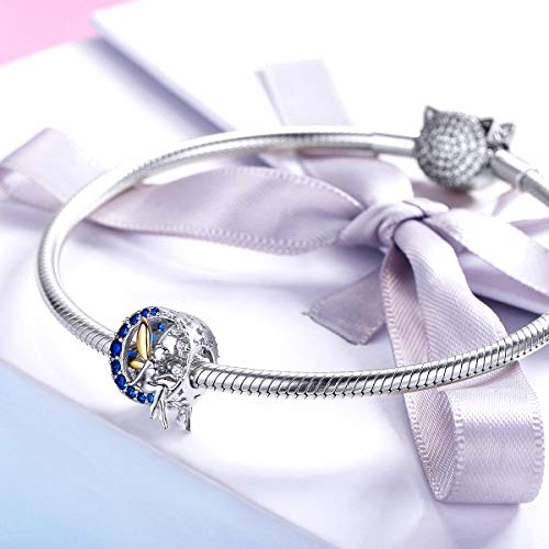 Abalorio de plata de ley 925 con diseño de luna azul y un hada lunar, circonitas cúbicas, compatible con las pulseras europeas de Pandora