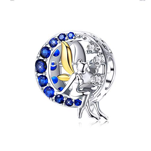 Abalorio de plata de ley 925 con diseño de luna azul y un hada lunar, circonitas cúbicas, compatible con las pulseras europeas de Pandora