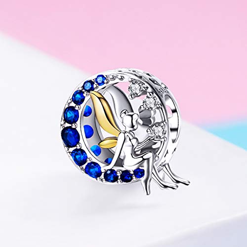 Abalorio de plata de ley 925 con diseño de luna azul y un hada lunar, circonitas cúbicas, compatible con las pulseras europeas de Pandora