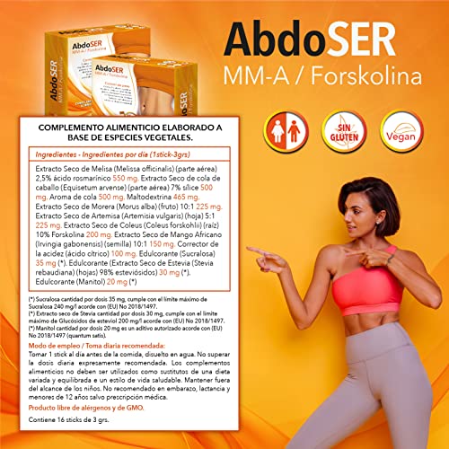 Abdoser - 16 sticks - Elimina la grasa acumulada en abdomen y muslos - Adelgazante con MM-A y Forskolina - Quemagrasas - Detox - Caja 16 sobres - 1 al dia