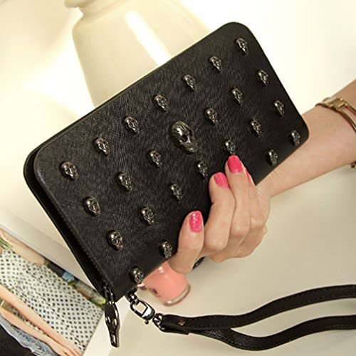 ABOOFAN Cartera Cartera Larga Moda Cool Retro Lady Wallet Punk Long Purse Skull Zippered Purse para Mujer
