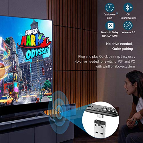 Adaptador Bluetooth para Nintendo Switch/Switch Lite /PS4 /PC, USB Type C Transmisor Audio Bluetooth 5.0, Adaptador Bluetooth de Baja Latencia aptX Mini Bluetooth Jack 3.5mm