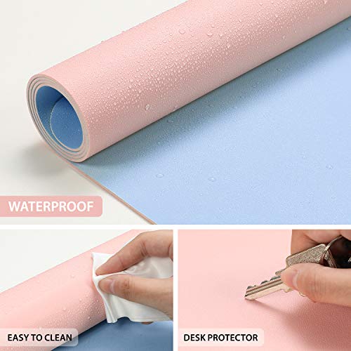 AFRITEE Alfombrilla protectora de escritorio – Alfombrilla de escritorio de piel sintética de doble cara para ratón, impermeable, organizador de escritorio, suave (azul claro/rosa bebé, 80 x 39.8 cm)